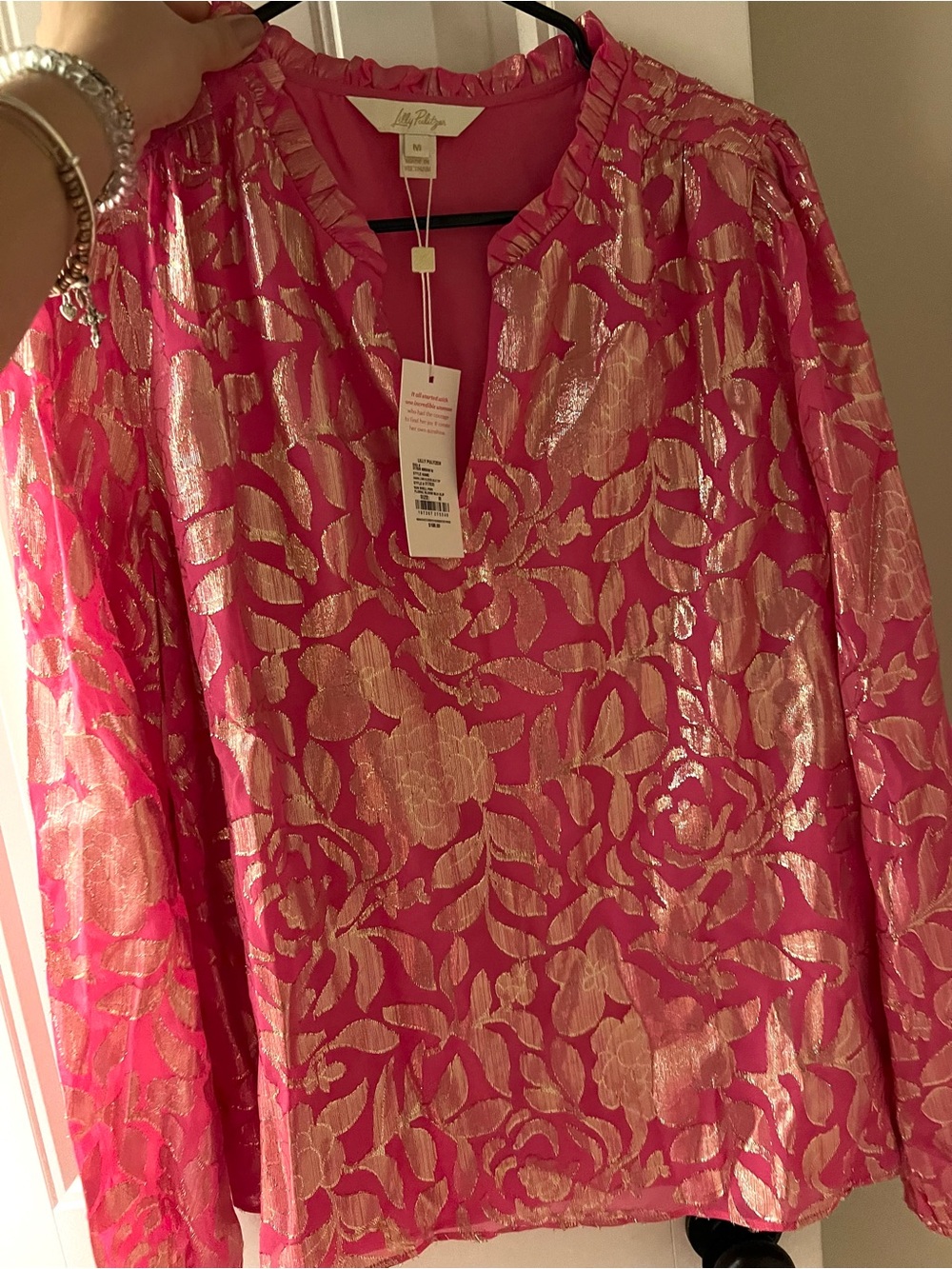 Lilly Pulitzer Hot Pink Metallic Floral Ruffle Neck Blouse
